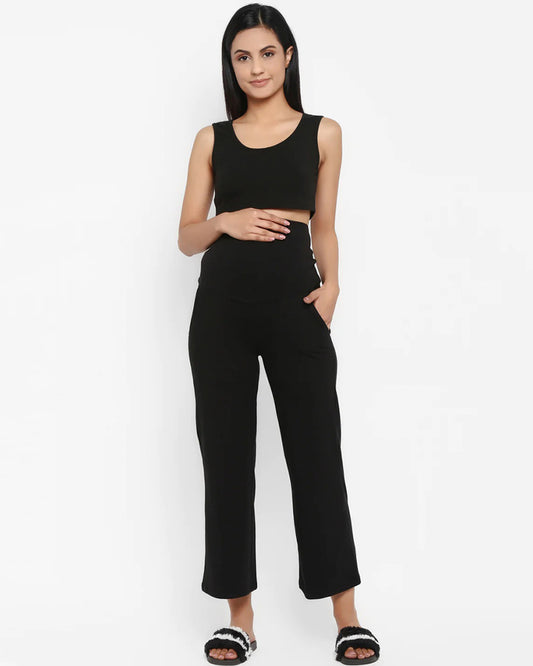 Wobbly Walk Black Maternity Wide Leg Pant-Solid Color-French Terry Cotton-Loose Fit-Bump Friendly