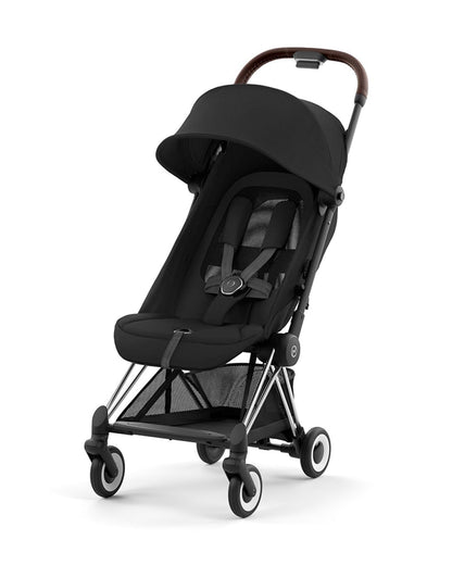 Cybex Coya Cabin Friendly Stroller-Ultra Compact One Hand Fold-Near Flat Reclining Seat-Car Seat Compatible-2 Years Warranty-For 0 to 4Y (Upto 22 Kg)-Chrome Dark Brown Frame & Sepia Black Seat