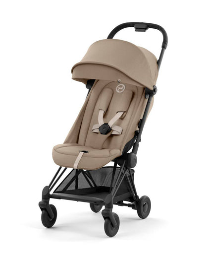 Cybex Coya Cabin Friendly Stroller-Ultra Compact One Hand Fold-Near Flat Reclining Seat-Car Seat Compatible-2 Years Warranty-For 0 to 4Y (Upto 22 Kg)-Matt Black Frame & Cozy Beige Seat