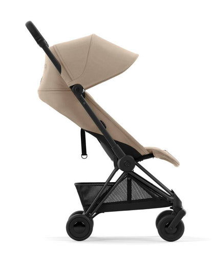 Cybex Coya Cabin Friendly Stroller-Ultra Compact One Hand Fold-Near Flat Reclining Seat-Car Seat Compatible-2 Years Warranty-For 0 to 4Y (Upto 22 Kg)-Matt Black Frame & Cozy Beige Seat