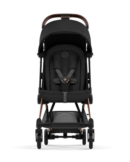 Cybex Coya Cabin Friendly Stroller-Ultra Compact One Hand Fold-Near Flat Reclining Seat-Car Seat Compatible-2 Years Warranty-For 0 to 4Y (Upto 22 Kg)-Rosegold Frame & Sepia Black Seat