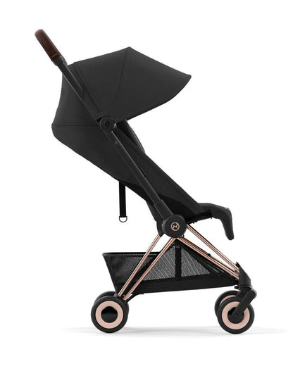 Cybex Coya Cabin Friendly Stroller-Ultra Compact One Hand Fold-Near Flat Reclining Seat-Car Seat Compatible-2 Years Warranty-For 0 to 4Y (Upto 22 Kg)-Rosegold Frame & Sepia Black Seat