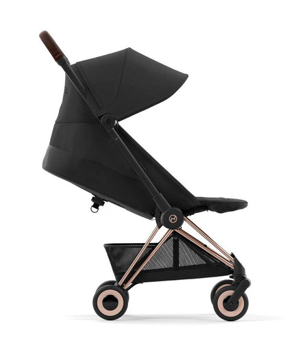 Cybex Coya Cabin Friendly Stroller-Ultra Compact One Hand Fold-Near Flat Reclining Seat-Car Seat Compatible-2 Years Warranty-For 0 to 4Y (Upto 22 Kg)-Rosegold Frame & Sepia Black Seat
