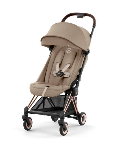 Cybex Coya Cabin Friendly Stroller-Ultra Compact One Hand Fold-Near Flat Reclining Seat-Car Seat Compatible-2 Years Warranty-For 0 to 4Y (Upto 22 Kg)-Rosegold Frame & Cozy Beige Seat