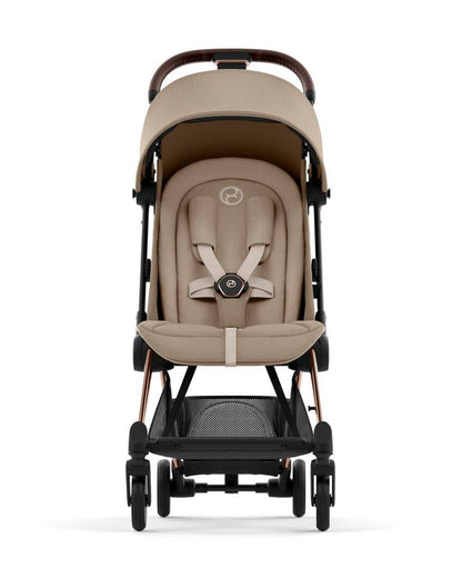 Cybex Coya Cabin Friendly Stroller-Ultra Compact One Hand Fold-Near Flat Reclining Seat-Car Seat Compatible-2 Years Warranty-For 0 to 4Y (Upto 22 Kg)-Rosegold Frame & Cozy Beige Seat
