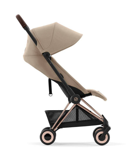 Cybex Coya Cabin Friendly Stroller-Ultra Compact One Hand Fold-Near Flat Reclining Seat-Car Seat Compatible-2 Years Warranty-For 0 to 4Y (Upto 22 Kg)-Rosegold Frame & Cozy Beige Seat