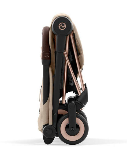 Cybex Coya Cabin Friendly Stroller-Ultra Compact One Hand Fold-Near Flat Reclining Seat-Car Seat Compatible-2 Years Warranty-For 0 to 4Y (Upto 22 Kg)-Rosegold Frame & Cozy Beige Seat