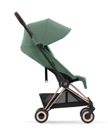 Cybex Coya Cabin Friendly Stroller-Ultra Compact One Hand Fold-Near Flat Reclining Seat-Car Seat Compatible-2 Years Warranty-For 0 to 4Y (Upto 22 Kg)-Rosegold Frame & Leaf Green Seat