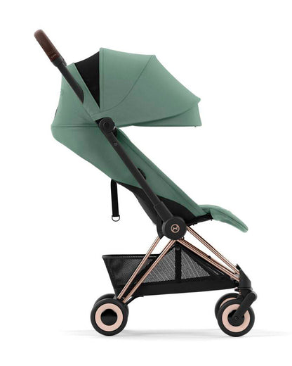 Cybex Coya Cabin Friendly Stroller-Ultra Compact One Hand Fold-Near Flat Reclining Seat-Car Seat Compatible-2 Years Warranty-For 0 to 4Y (Upto 22 Kg)-Rosegold Frame & Leaf Green Seat