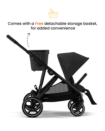 Cybex Gazelle S Double Stroller-With Free Extra Storage Basket-2 Years Warranty-For 0M to 4Y (Upto 22 Kg)-Black Frame & Moon Black