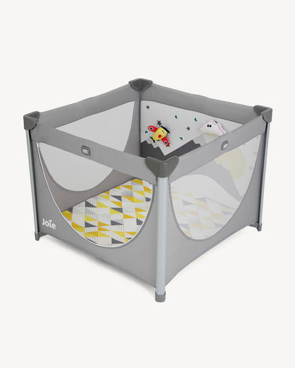 Joie Cheer Playard & Travel Cot-Compact Fold-All Around Mesh Ventilation-Removable Mattress-Scentric Print With Included Toys-For Infants-Upto 15 Kg-Little Explorer