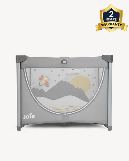 Joie Cheer Playard & Travel Cot-Compact Fold-All Around Mesh Ventilation-Removable Mattress-Scentric Print With Included Toys-For Infants-Upto 15 Kg-Little Explorer