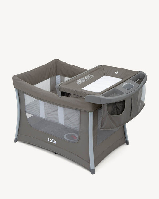 Joie Illusion Travel Cot With Tuckaway Changing Table-Deluxe Parent Organizer With Storage-Removable Bassinet-Compact Fold-Includes Carry Bag-For Infants-Upto 15 Kg-Nickel