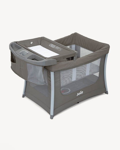 Joie Illusion Travel Cot With Tuckaway Changing Table-Deluxe Parent Organizer With Storage-Removable Bassinet-Compact Fold-Includes Carry Bag-For Infants-Upto 15 Kg-Nickel