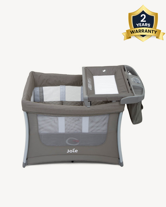 Joie Illusion Travel Cot With Tuckaway Changing Table-Deluxe Parent Organizer With Storage-Removable Bassinet-Compact Fold-Includes Carry Bag-For Infants-Upto 15 Kg-Nickel