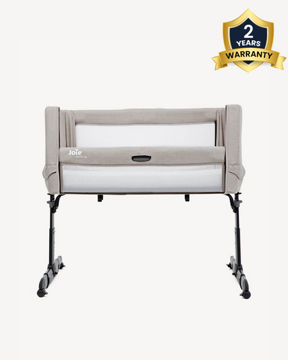 Joie Roomie Go Travel Bedside Crib-Compact Fold-With Both Side Mesh Windows & Removable Mattress-5 Height Adjustments-With 4 Lockable Wheels-For Infants-Upto 9 Kg-Clay