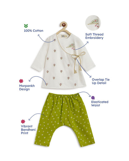 Tiber Taber White & Lime Angrakha Kurta Pajama Set-Embroidered-Cotton-For Infants