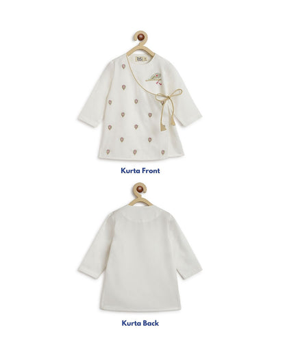 Tiber Taber White & Lime Angrakha Kurta Pajama Set-Embroidered-Cotton-For Infants