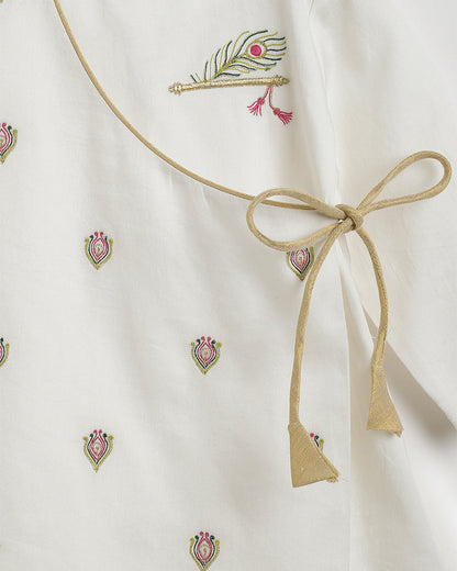 Tiber Taber White & Lime Angrakha Kurta Pajama Set-Embroidered-Cotton-For Infants