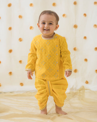Tiber Taber Yellow Kurta Dhoti Set-Zari-Cotton-For Infants