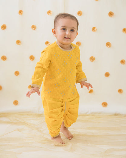 Tiber Taber Yellow Kurta Dhoti Set-Zari-Cotton-For Infants