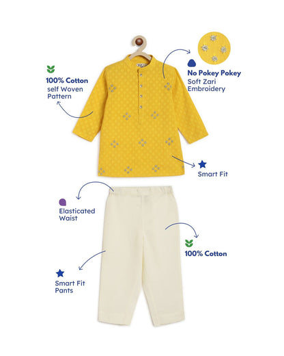 Tiber Taber Yellow Kurta Pajama Set-Classic Zari-Cotton-For Infants