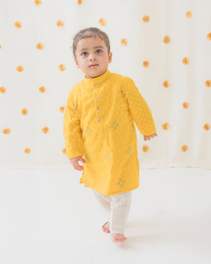 Tiber Taber Yellow Kurta Pajama Set-Classic Zari-Cotton-For Infants
