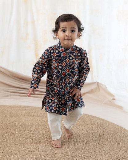 Tiber Taber Multicolor Kurta Pajama Set-Patola Print-Cotton-For Infants