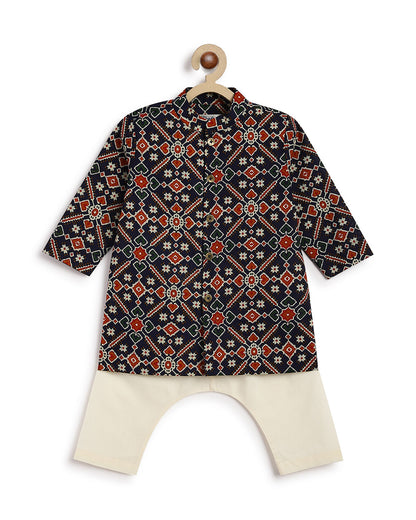 Tiber Taber Multicolor Kurta Pajama Set-Patola Print-Cotton-For Infants