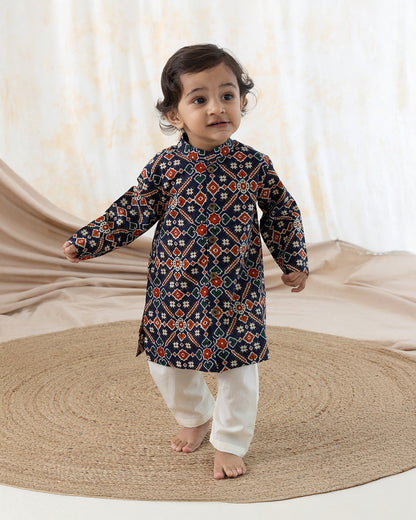 Tiber Taber Multicolor Kurta Pajama Set-Patola Print-Cotton-For Infants