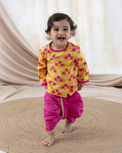 Tiber Taber Yellow & Pink Kurta Dhoti Set-Floral Print-Cotton-For Infants