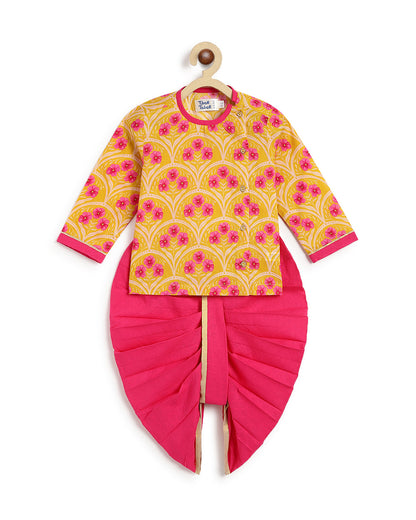 Tiber Taber Yellow & Pink Kurta Dhoti Set-Floral Print-Cotton-For Infants
