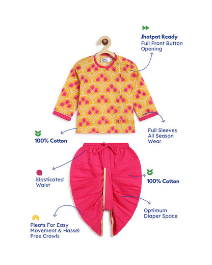 Tiber Taber Yellow & Pink Kurta Dhoti Set-Floral Print-Cotton-For Infants