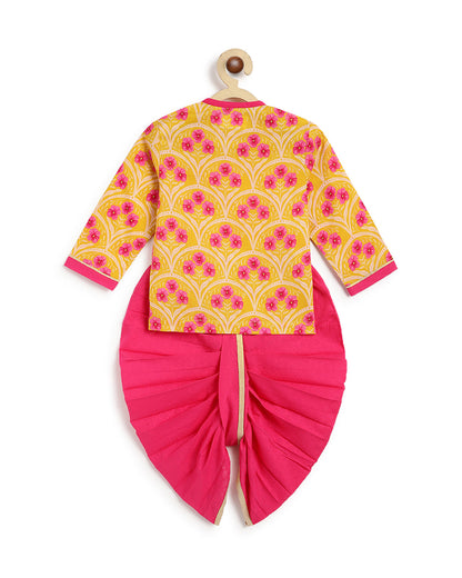 Tiber Taber Yellow & Pink Kurta Dhoti Set-Floral Print-Cotton-For Infants