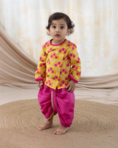 Tiber Taber Yellow & Pink Kurta Dhoti Set-Floral Print-Cotton-For Infants