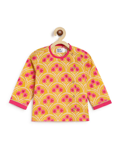 Tiber Taber Yellow & Pink Kurta Dhoti Set-Floral Print-Cotton-For Infants