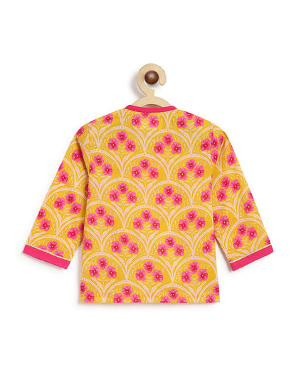 Tiber Taber Yellow & Pink Kurta Dhoti Set-Floral Print-Cotton-For Infants