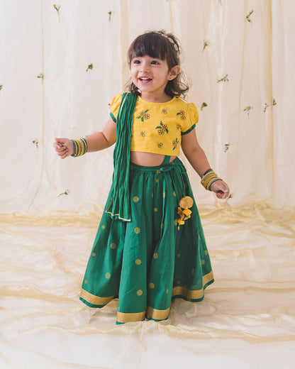 Tiber Taber Yellow & Bottle Green Lehenga Choli Set-Embroidered-Cotton-For Infants