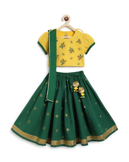 Tiber Taber Yellow & Bottle Green Lehenga Choli Set-Embroidered-Cotton-For Infants