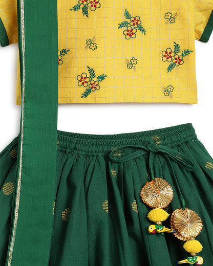 Tiber Taber Yellow & Bottle Green Lehenga Choli Set-Embroidered-Cotton-For Infants
