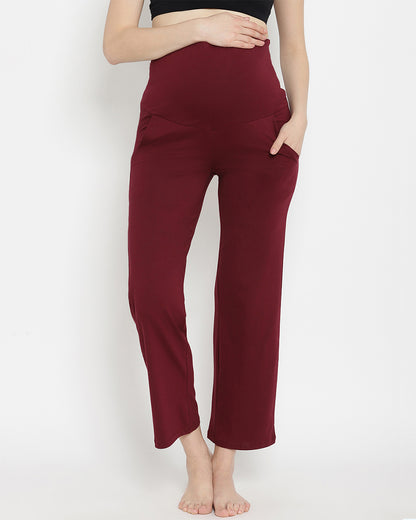 Wobbly Walk Wine Berry Maternity Wide Leg Pant-Solid Color-French Terry Cotton-Loose Fit-Bump Friendly