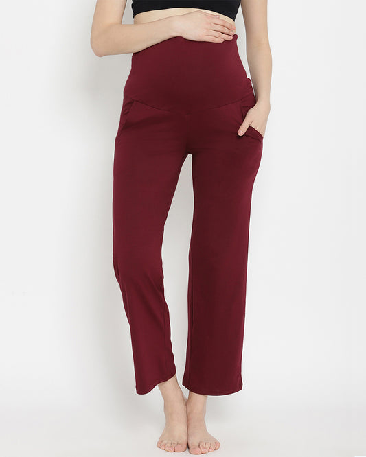 Wobbly Walk Wine Berry Maternity Wide Leg Pant-Solid Color-French Terry Cotton-Loose Fit-Bump Friendly