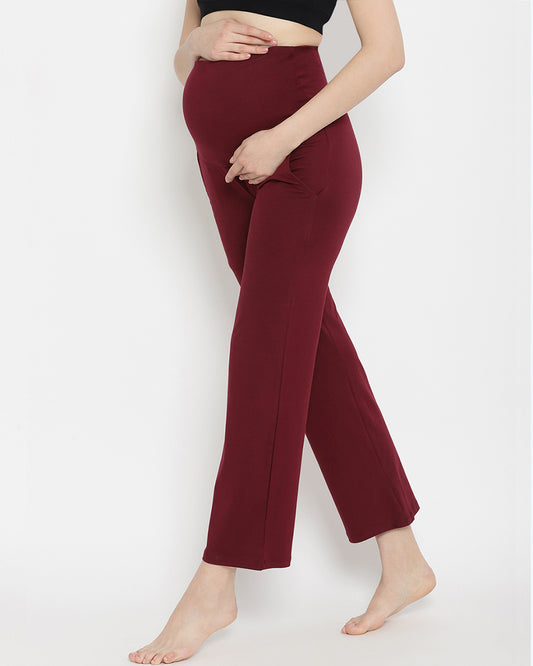 Wobbly Walk Wine Berry Maternity Wide Leg Pant-Solid Color-French Terry Cotton-Loose Fit-Bump Friendly