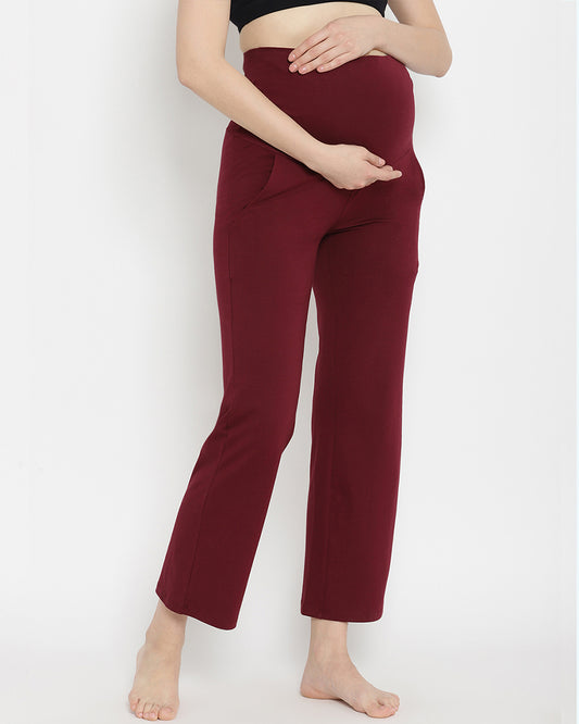 Wobbly Walk Wine Berry Maternity Wide Leg Pant-Solid Color-French Terry Cotton-Loose Fit-Bump Friendly