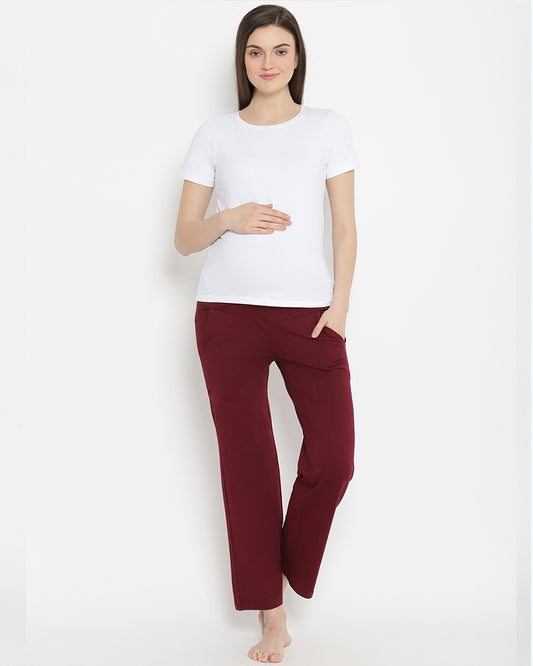 Wobbly Walk Wine Berry Maternity Wide Leg Pant-Solid Color-French Terry Cotton-Loose Fit-Bump Friendly