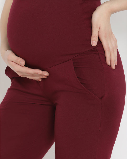 Wobbly Walk Wine Berry Maternity Wide Leg Pant-Solid Color-French Terry Cotton-Loose Fit-Bump Friendly