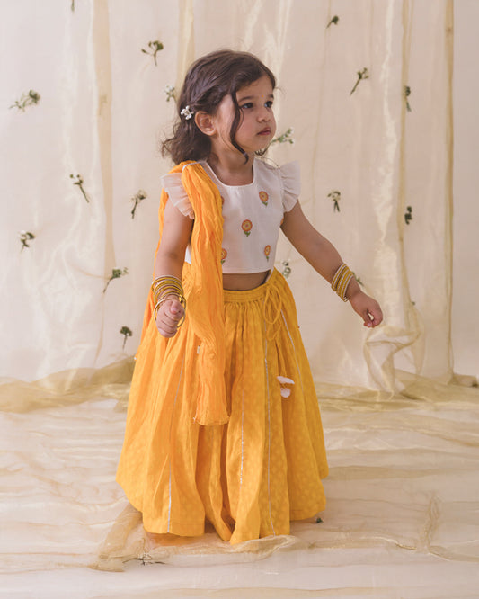 Tiber Taber Yellow & White Lehenga Choli Set-Embroidered-Cotton Silk-For Infants