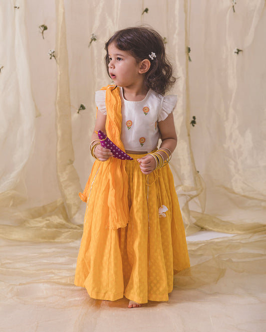 Tiber Taber Yellow & White Lehenga Choli Set-Embroidered-Cotton Silk-For Infants