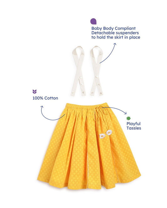 Tiber Taber Yellow & White Lehenga Choli Set-Embroidered-Cotton Silk-For Infants