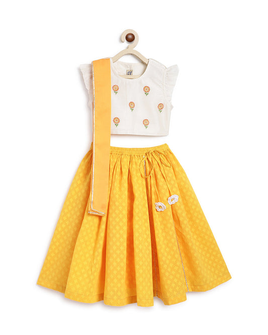 Tiber Taber Yellow & White Lehenga Choli Set-Embroidered-Cotton Silk-For Infants
